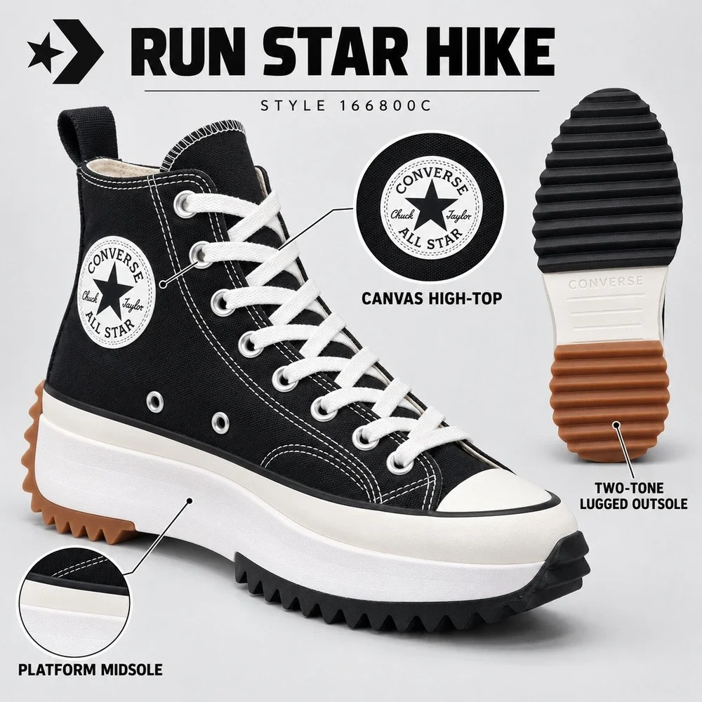 Converse Run Star Hike High Top Platform Shoes US Men 7 Womens 8.5 Black 166800C